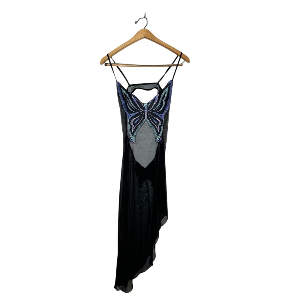 Fredricks of Hollywood Sheer Butterfly Embroidered Open Low Back Slip Dress S